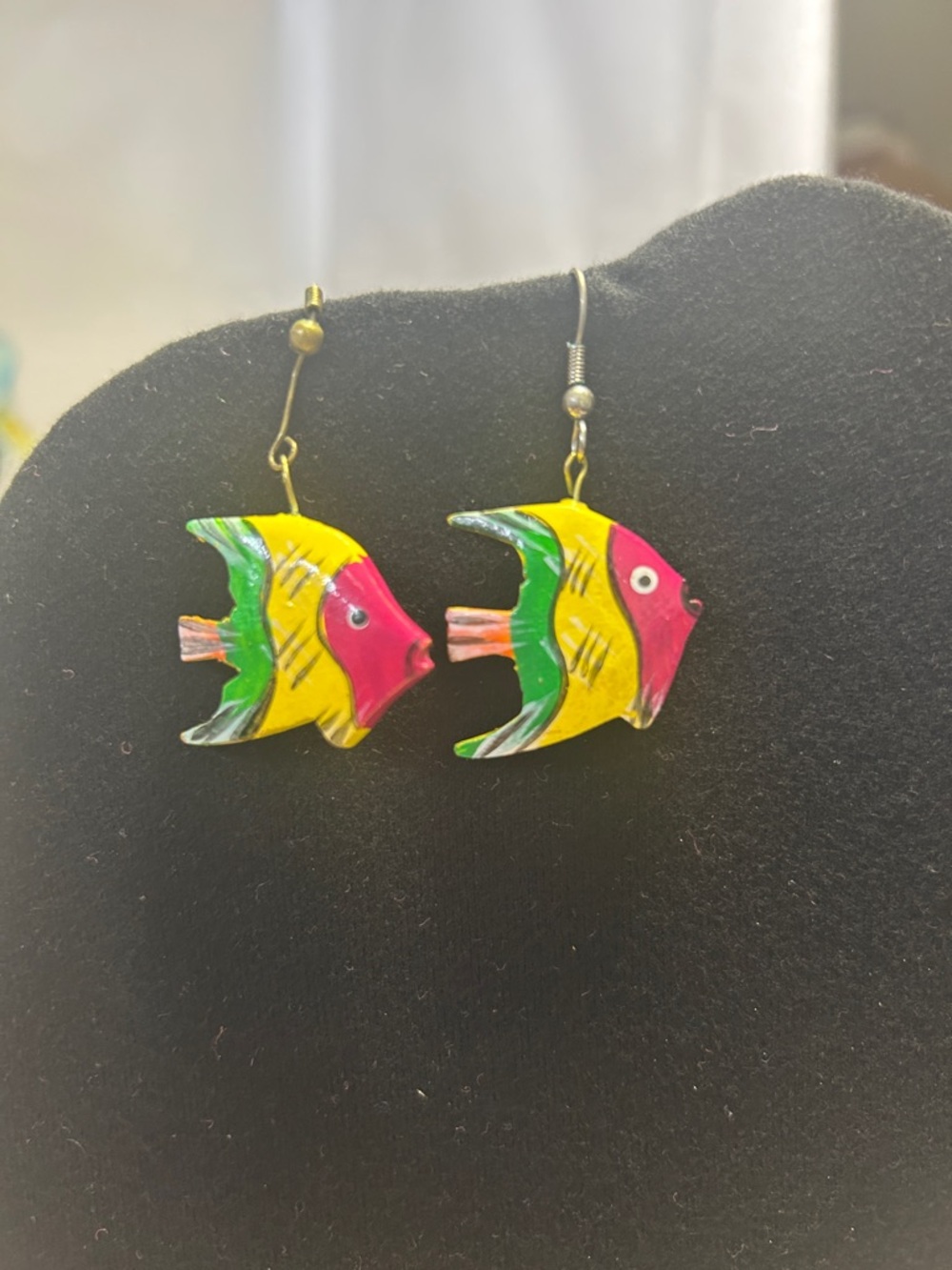 Hand-Painted Yellow Pink Green Fish Earrings - Unbranded